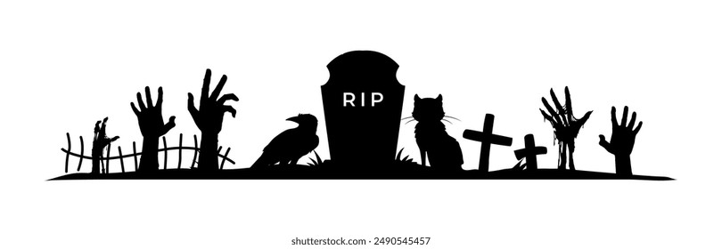 Halloween frame border and divider with black silhouettes of tombstone, grave crosses, cat and raven, zombie hands and graveyard fence. Isolated vector spooky decorative holiday elements