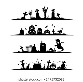 Halloween frame border and divider with black silhouettes of cemetery with grinning pumpkins, tombstones, grave crosses, cat and bats, ghost and zombie hands. Vector spooky decorative holiday elements