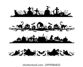 Halloween frame border and divider with cemetery silhouette. Vector creepy graveyard with zombie hands, bats, tombs, fence, jack pumpkins and cats on white background. Horror night holiday necropolis