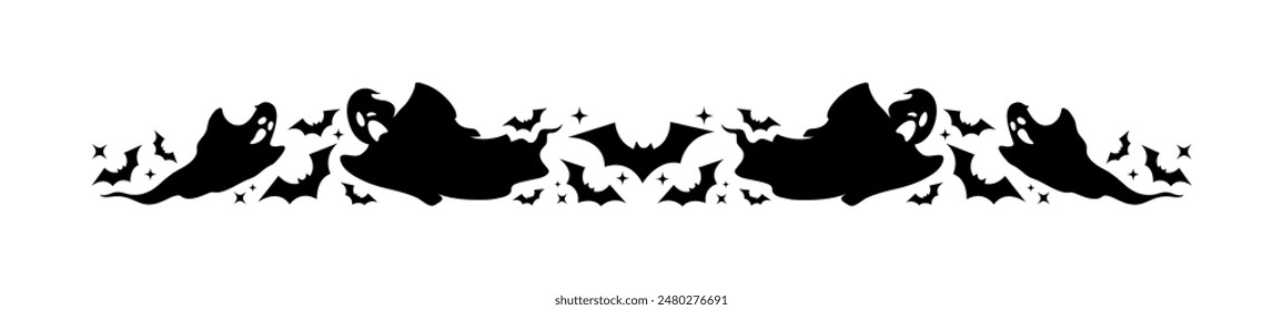 Halloween frame border and divider with ghosts and bats vector silhouettes. Horror holiday web banner border and page decoration with scary black shadows of flying Halloween ghost monsters and bats