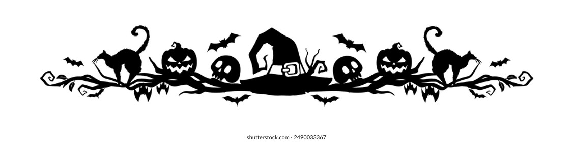 Borde y divisor del marco de Halloween. Elemento de fiesta decorativo espeluznante de Vector aislado con siluetas negras de caras de calabaza espeluznantes, gatos, cráneos humanos, murciélagos voladores y sombrero de bruja en ramas de árboles