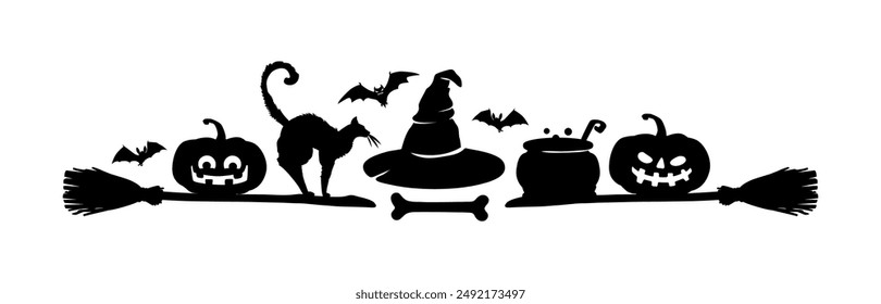 Halloween frame border and divider. Isolated vector spooky decorative holiday element with black silhouettes of pumpkins, cat, grave crosses and flying bats, witch hat, bone, cauldron and broomsticks