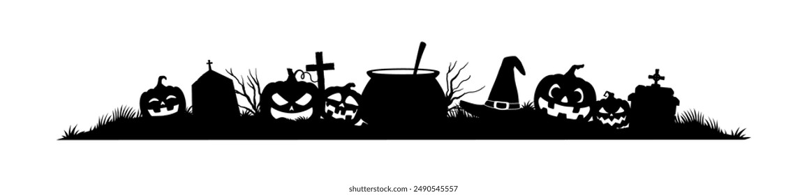 Halloween frame border and divider with vector silhouettes of horror pumpkins, witch hat, cemetery tombstone and crosses, witch potion cauldron and spooky tree. Halloween holiday web banner border