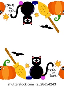 Halloween frame border and divider with vector silhouettes of  pumpkins, witch hat, bat, candle, potion, broom. Halloween cartoon holiday web banner border
