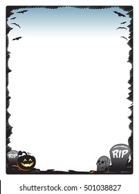 Halloween frame border page with pumpkin skull and tombstones