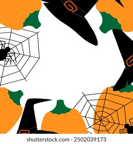 Halloween frame border with witch hats, cobweb, spiders and pumpkins in trendy holiday hues Isolated