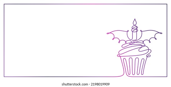 Halloween Frame With Cake With Bat Wings. Continuous Line Drawing Of Scary Party Food, Vector Outline Background For Holiday Cards, Invitations. Hand Drawn Cute Illustration With Copy Space For Text