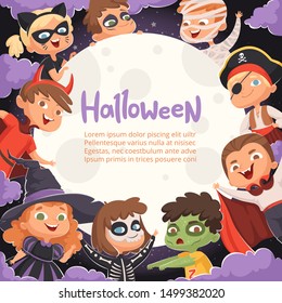 Halloween frame. Cartoon scary background with kids in halloween costumes happy party invitation vector