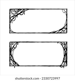 Halloween frame. Cobwebs and slimy threads border. Square Cartoon illustration isolated on white. Scary creepy silhouette. Dark spiderweb, hand drawn gossamer