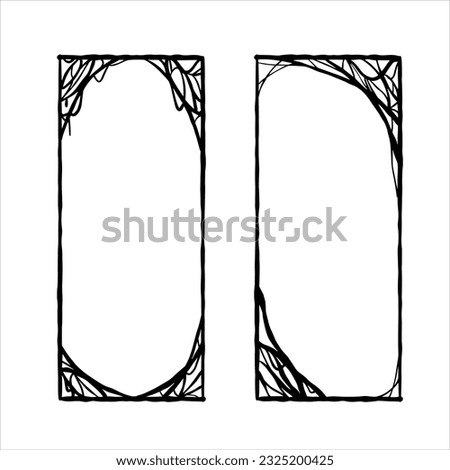 Halloween frame. Cobwebs and slimy threads border. Square Cartoon illustration isolated on white. Scary creepy silhouette. Dark spiderweb, hand drawn gossamer