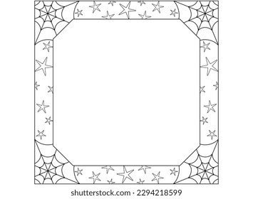 Marco de Halloween con telaraña y estrellas - imagen lineal vectorial para colorear y diseñar. Esquema. Marco lineal cuadrado para dibujo o foto para colorear