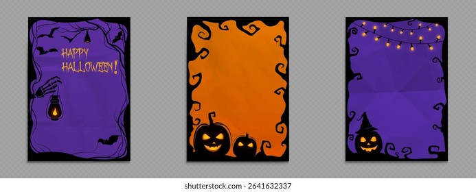 Halloween frame collection for social media posts - spooky borders with pumpkins, bats, skeleton hand and glowing lanterns. Purple and orange decorative cards with scary trees and festive lights.