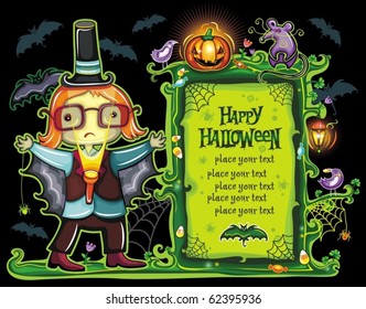 Halloween frame with cute boy dressed as a vampire bat with a flashlight in his hands. with place for your text.