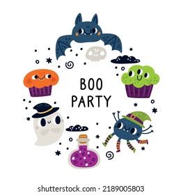 Halloween frame with cute cartoon characters. But, ghost, spider, cakes for halloween party print. Childish illustration