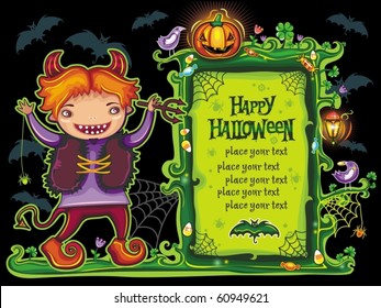 Halloween  frame with cute devil boy with pitchfork in hand. with place for your text.