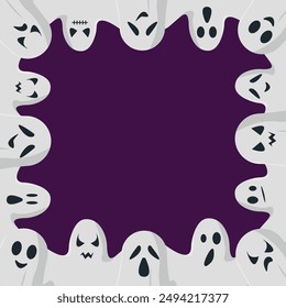 Halloween frame with cute ghosts on purple background. Printable design. Vector illustration.