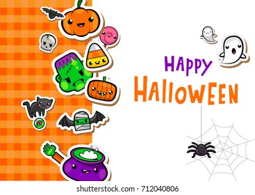 Halloween frame with cute symbols in lovely kawaii style, vector illustration