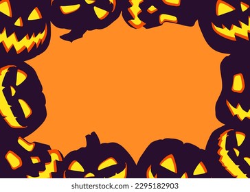 Halloween frame with dark pumpkin head Jack O' Lanterns on orange background. Vector poster illustration with place for your text.