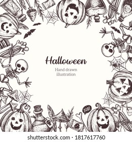 Halloween frame. Halloween decor. Vector Hand Drawn. Line art. Sketch Illustration. Skeleton, pumpkin, candle, bones, spider, mushrooms, potion, poison, bats.