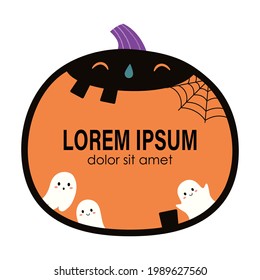 Halloween frame design with cute pumpkin and ghosts. Flat cartoon style vector illustration.