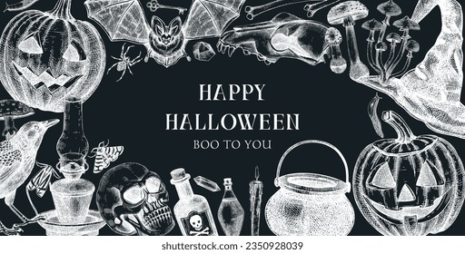 Halloween frame design on chalkboard. Hand drawn vector illustrations. Skull, bones, Halloween pumpkin, poisonous mushrooms, snakes, witch sketches. Halloween party invitation, card template, banner