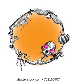 Halloween frame design with twigs, laurel, forest wreath or boho witch frame decoration with copy space for lettering and holiday card, banner, poster, greeting card, party invitation. Vector.