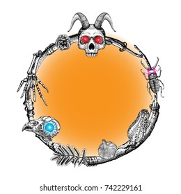 Halloween frame design with twigs, laurel, forest wreath or boho witch frame decoration with copy space for lettering and holiday card, banner, poster, greeting card, party invitation. Vector.