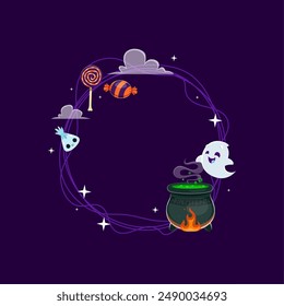 Halloween frame features a cute ghost, a bubbling witch cauldron and an array of colorful sweets among sparkling stars and clouds in night sky. Vector festive border, evoking a playful and spooky mood