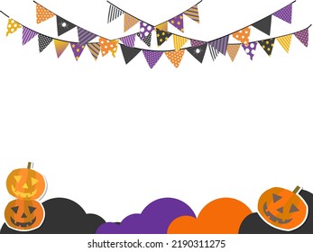 Halloween frame with flag garland and ghost pumpkin, white background