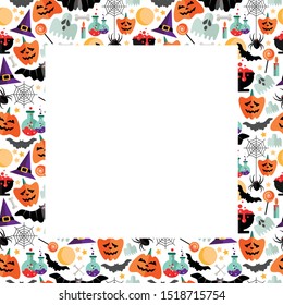 Halloween frame with flat icons on a white background. Vector illustration. Halloween postcard.  