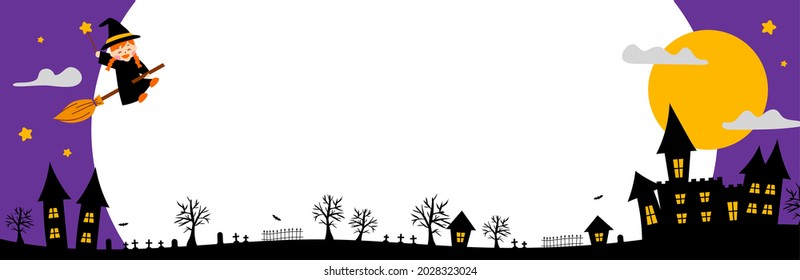 Halloween Frame with Flying Witch and Night House (Horizontal)