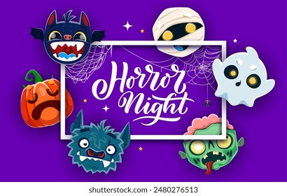 Marco de Halloween con divertidos personajes de emoticonos navideños. Marco rectangular de vacaciones de terror, fondo de tarjeta de Vector de noche de fiesta de Halloween o borde con murciélago, momia, hombre lobo y zombi, fantasma, emoji de calabaza