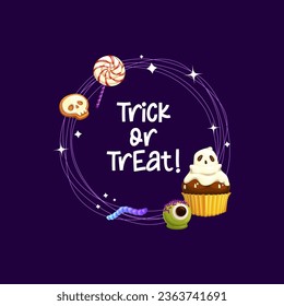 Halloween frame with holiday sweets. Isolated vector round border for trick or treat party, adorned with cartoon , jelly worm, striped lollipop, skull cookie and cupcake with spooky ghost and eyeball