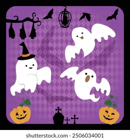 Halloween frame illustration of ghosts and bats flying