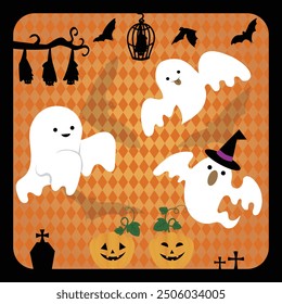 Halloween frame illustration of ghosts and bats flying