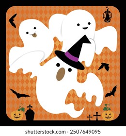 Halloween frame illustration of ghosts and bats flying