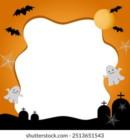 halloween frame illustration with moon, ghost, bats, and graveyard elements for card, banner, invitations