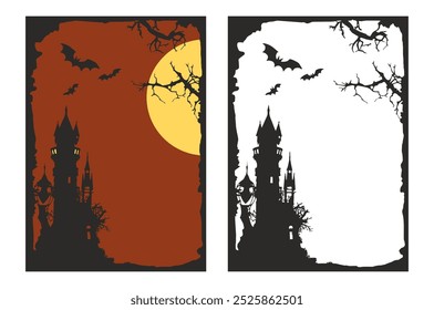 Halloween frame, image of a castle with bats and full moon, cartoon, baroque, haunted background, Halloween theme, shadow castle background