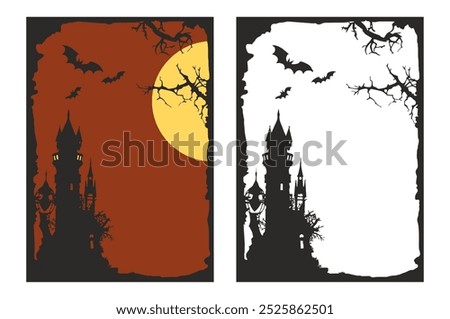 Halloween frame, image of a castle with bats and full moon, cartoon, baroque, haunted background, Halloween theme, shadow castle background