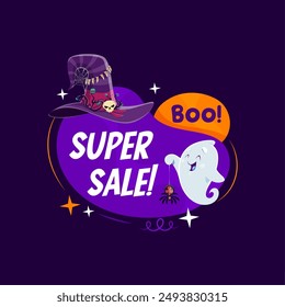 Marco de Halloween con personaje fantasma kawaii diciendo boo, sosteniendo araña en el Web, sombrero de bruja y chispas. Insignia, etiqueta o Anuncio de venta espeluznante festivo de Vector aislado para descuento estacional o evento de liquidación