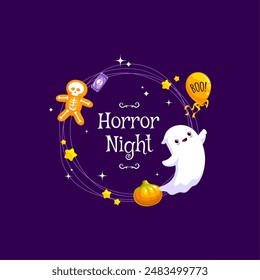 Marco de Halloween con fantasma kawaii, dulces y dulces de vacaciones. Frontera espeluznante de Vector para la celebración de la noche de la fiesta de terror con el personaje adorable del espantapájaros, el globo del libro y el hombre de jengibre fantasmal