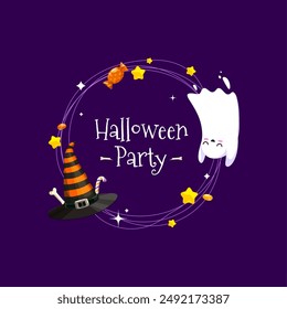 Halloween frame with kawaii ghost, holiday sweets candies, and witch hat. Vector border with cute spook character celebrate party night with eerie delights, thrills, creepy chills, and ghostly fun