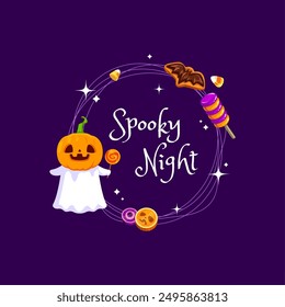 Marco de Halloween con fantasma kawaii, dulces y caramelos navideños, piruletas, galletas y semillas de maíz. Borde de Vector para la noche de fiesta con lindo espantapájaros llevar cabeza de calabaza, disfrutando de dulces y espeluznantes delicias