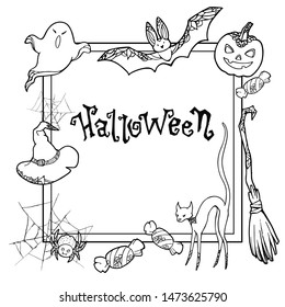 Halloween frame. Lettering Halloween. Black and white doodle linear sketch. Vector illustration on white background. Hand drawing cartoon image.