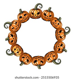 Halloween frame made of jack lanterns. Vector illustration of carved pumpkins arranged in a circle with an empty space in the center. isolated on a white background