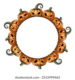 Halloween frame made of jack lanterns. Vector illustration of carved pumpkins arranged in a circle with an empty space in the center. isolated on a white background