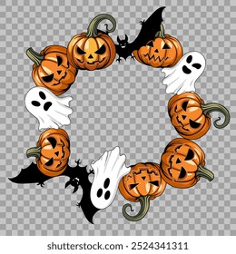 Halloween frame made of jack lanterns. Vector illustration of carved pumpkins, bats, ghosts arranged in a circle with an empty space in the center. isolated on a checkered backdrop