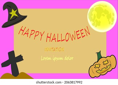 Halloween frame of moon witch hat cross tombstone jack o lantern