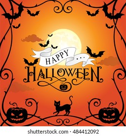 Halloween frame on orange sky background