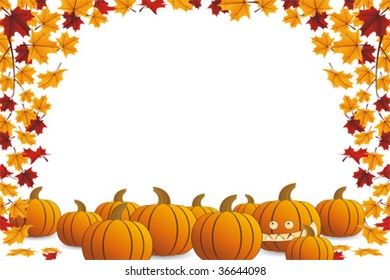 Halloween frame with pumpkin and falling maple leaves